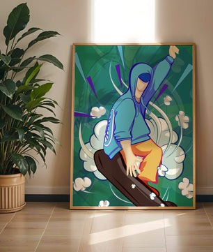 Ilustración abstracta colorida de una persona en movimiento con tonos azules y verdes