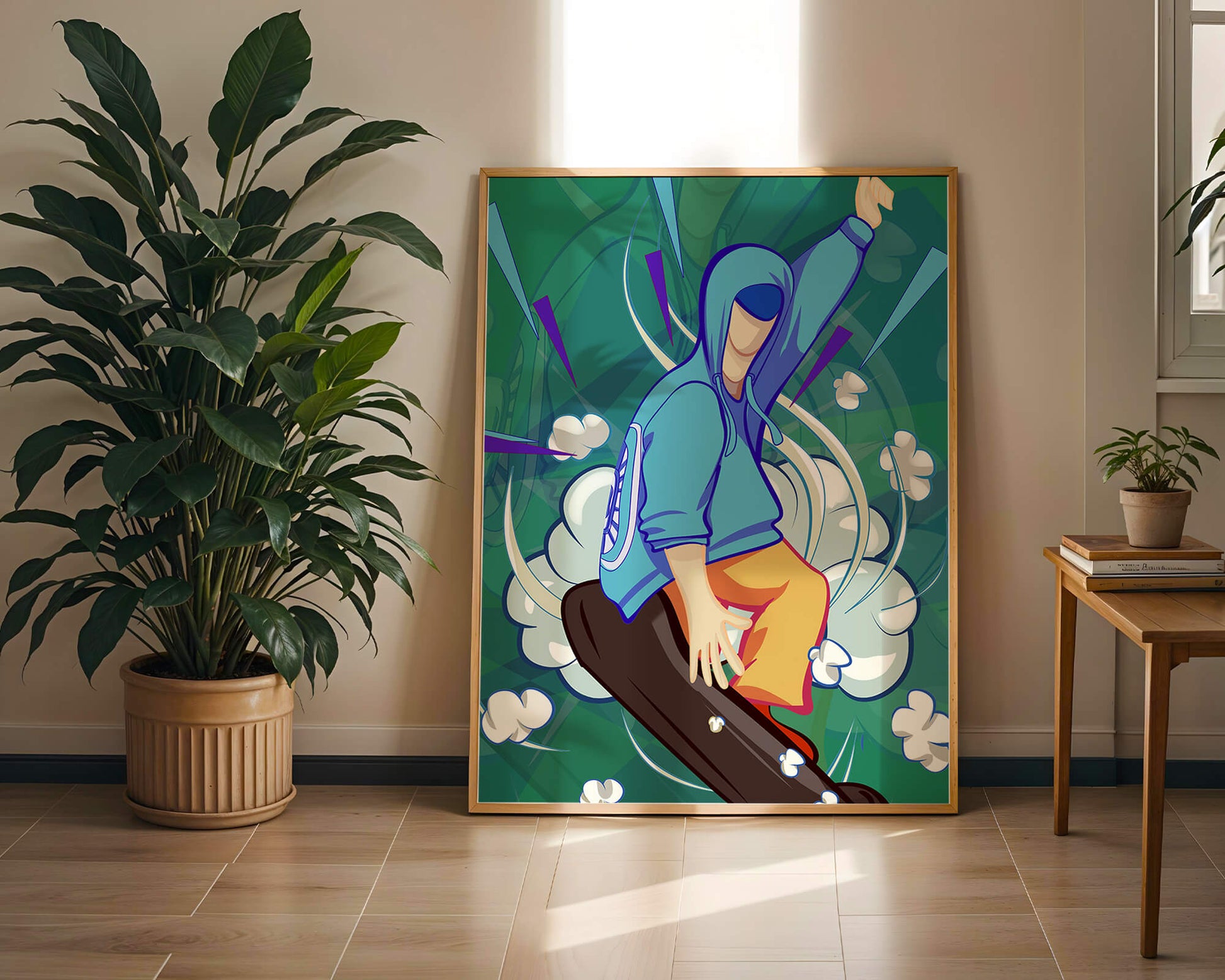 Ilustración abstracta colorida de una persona en movimiento con tonos azules y verdes