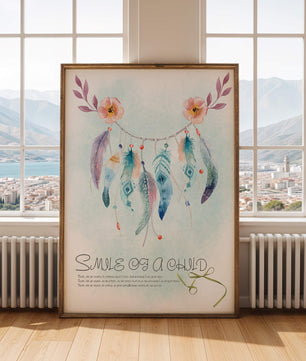Whimsical dreamcatcher with feathers and flowers in a pastel watercolor style