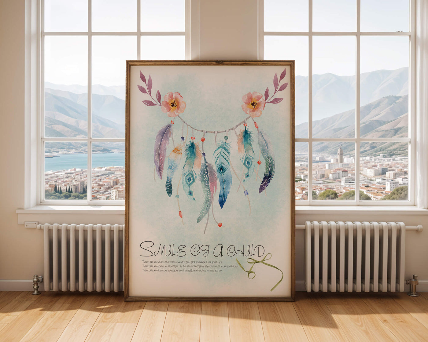 Whimsical dreamcatcher with feathers and flowers in a pastel watercolor style