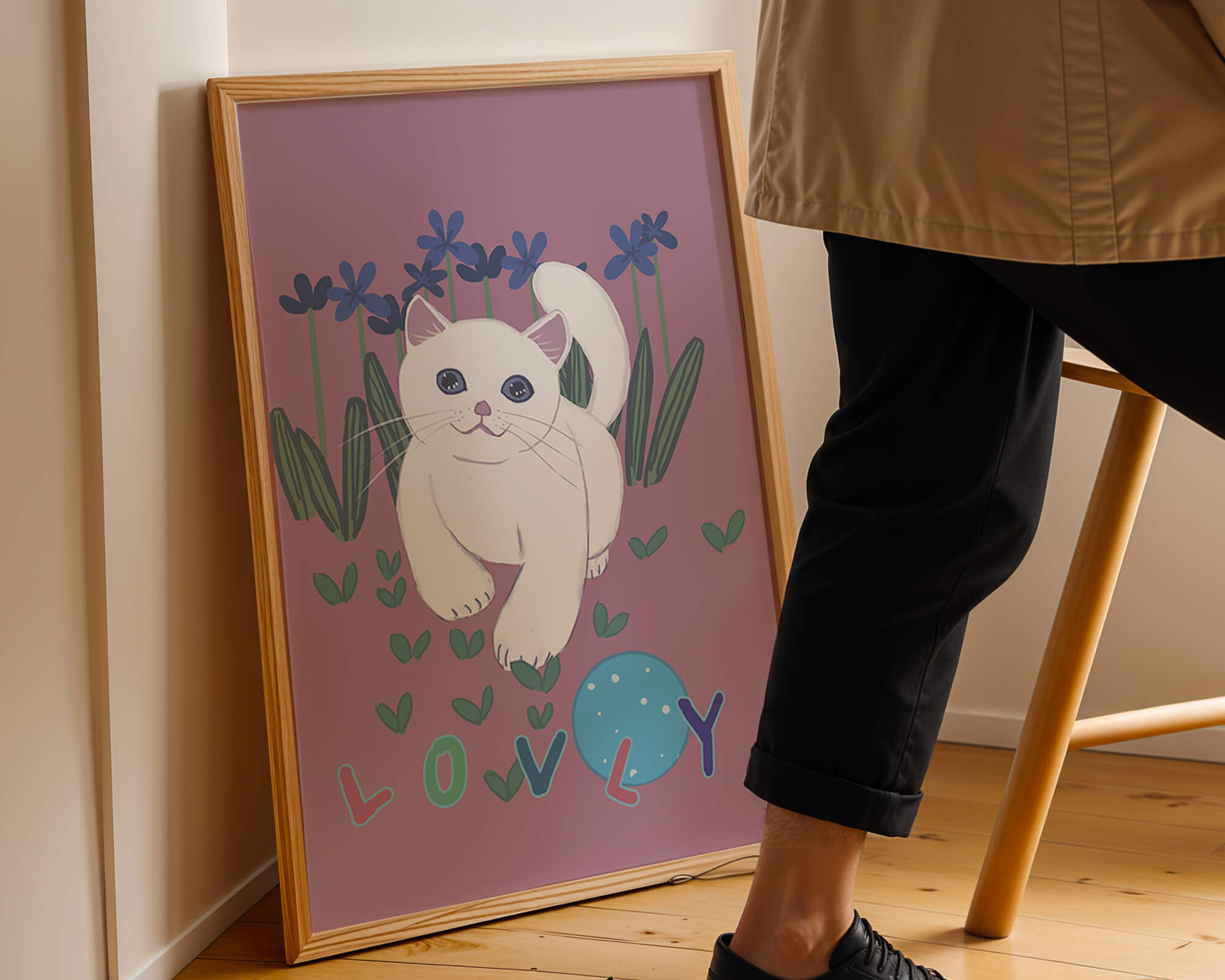 Charming illustration of a white cat in a floral field with playful text