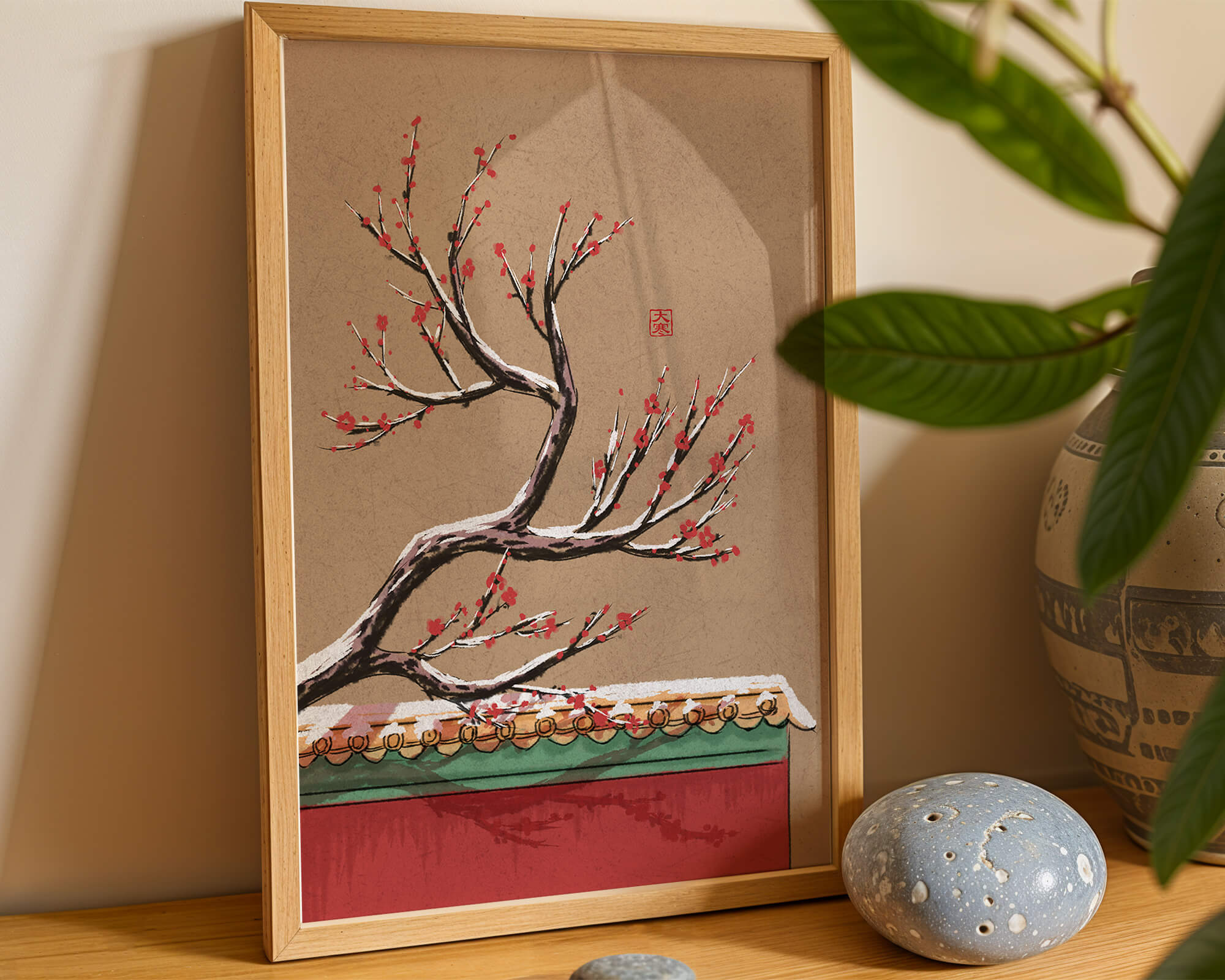 Illustration of blooming plum branch over traditional rooftop