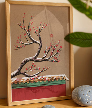 Illustration of blooming plum branch over traditional rooftop