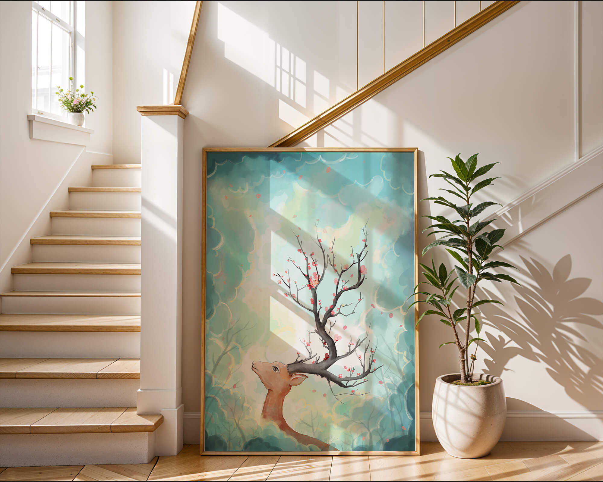 Surreal deer with branches for antlers in a pastel cloudy background