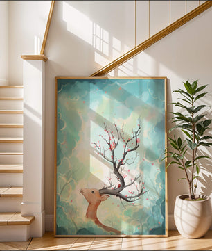 Ciervo surrealista con ramas como cuernos sobre fondo nublado en tonos pastel