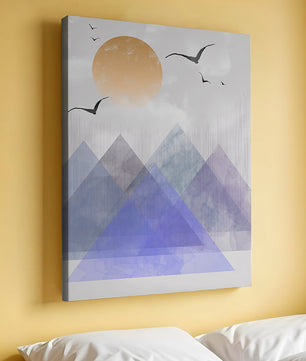 Abstract Mountain Landscape with Geometric Elements and Soaring Birds