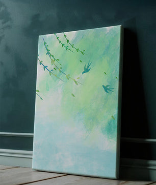 Serene Spring Scene with Birds and Leaves on a Light Blue Background