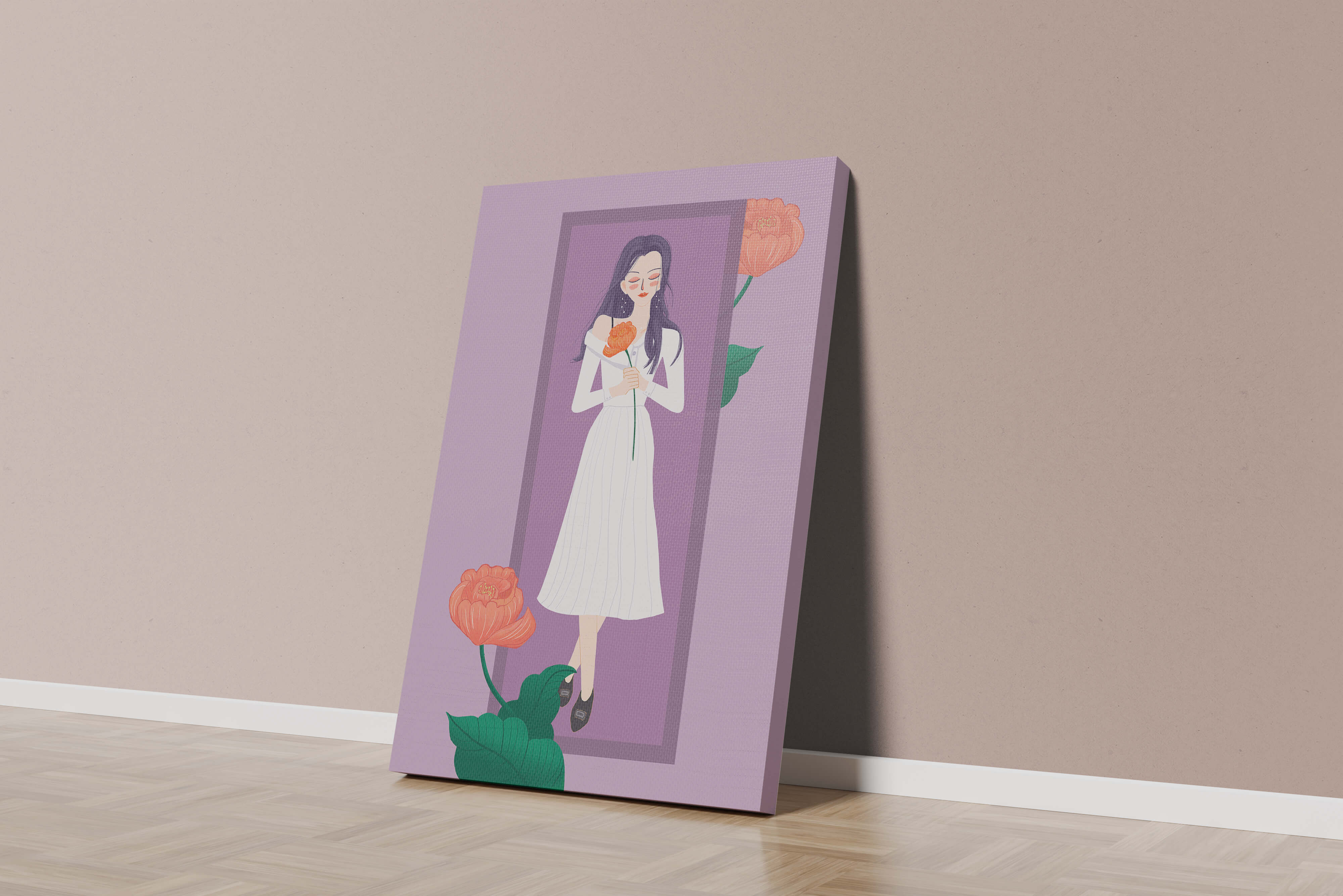 Illustration of a woman holding a flower in a serene pose