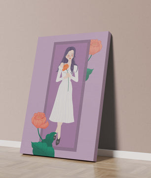 Illustration of a woman holding a flower in a serene pose