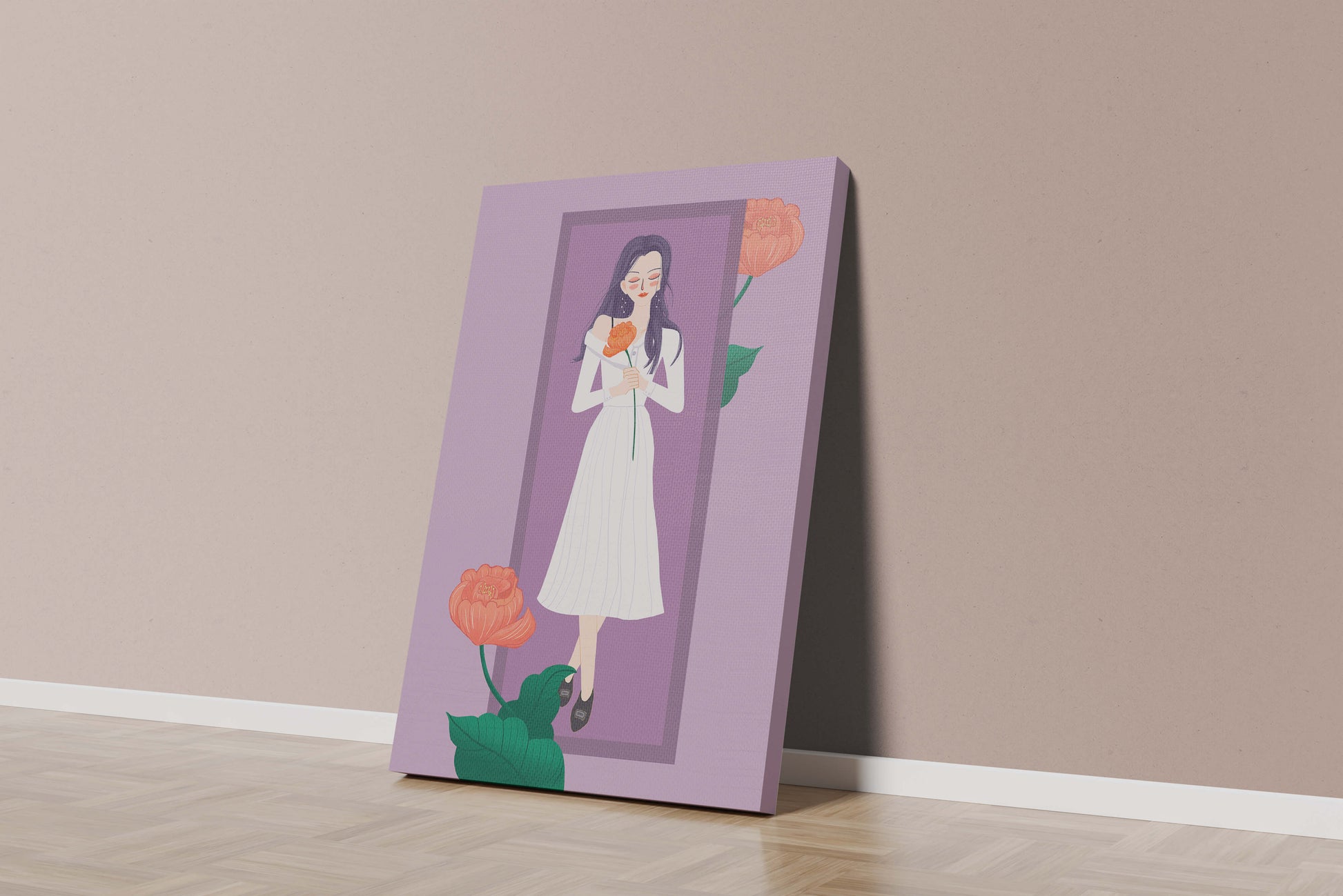 Illustration of a woman holding a flower in a serene pose