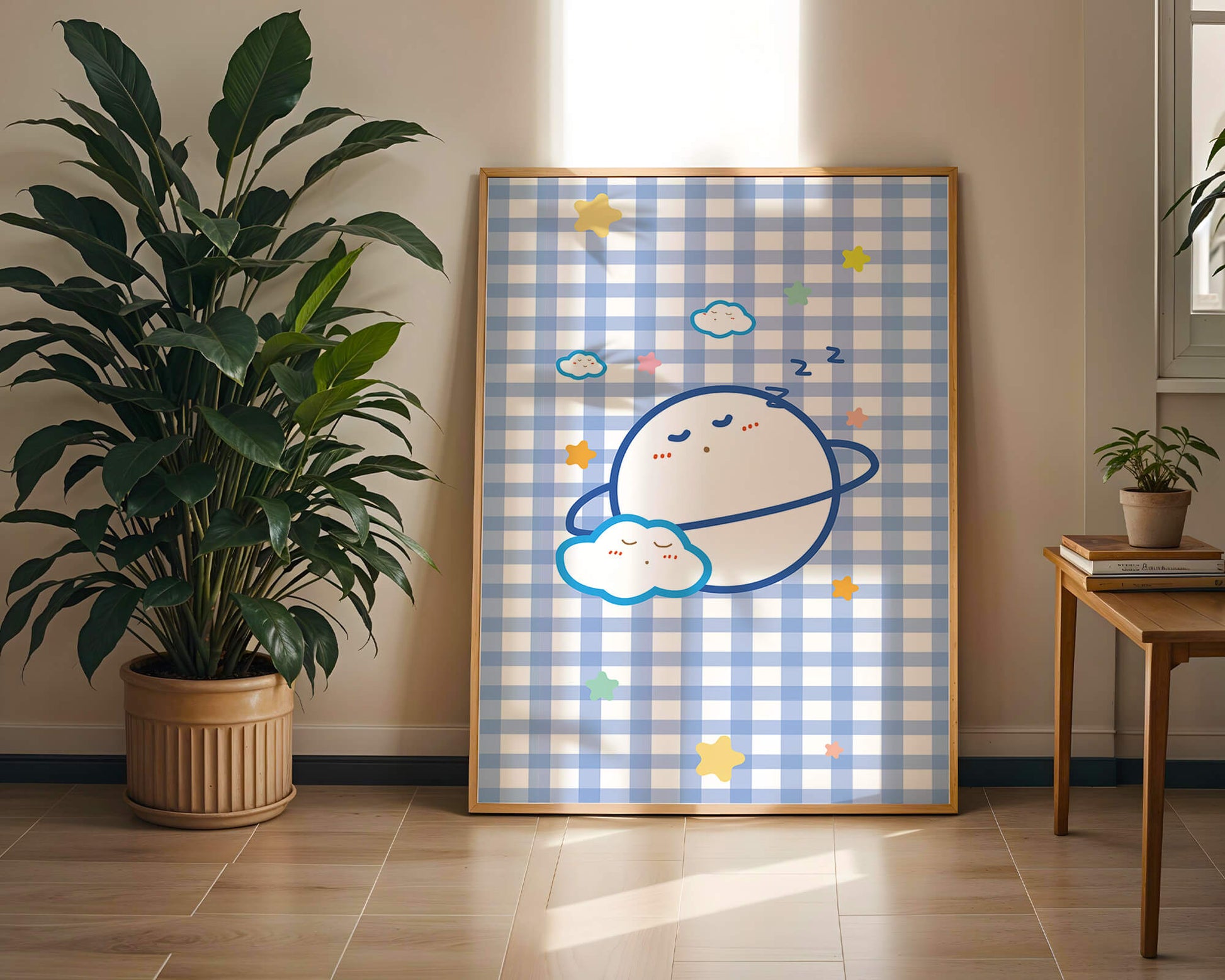 Whimsical sleep theme with planets and clouds on a checkered background