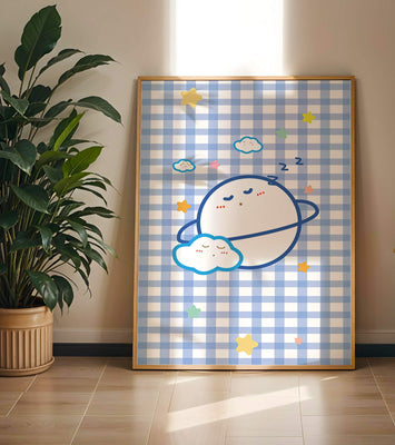 Whimsical sleep theme with planets and clouds on a checkered background