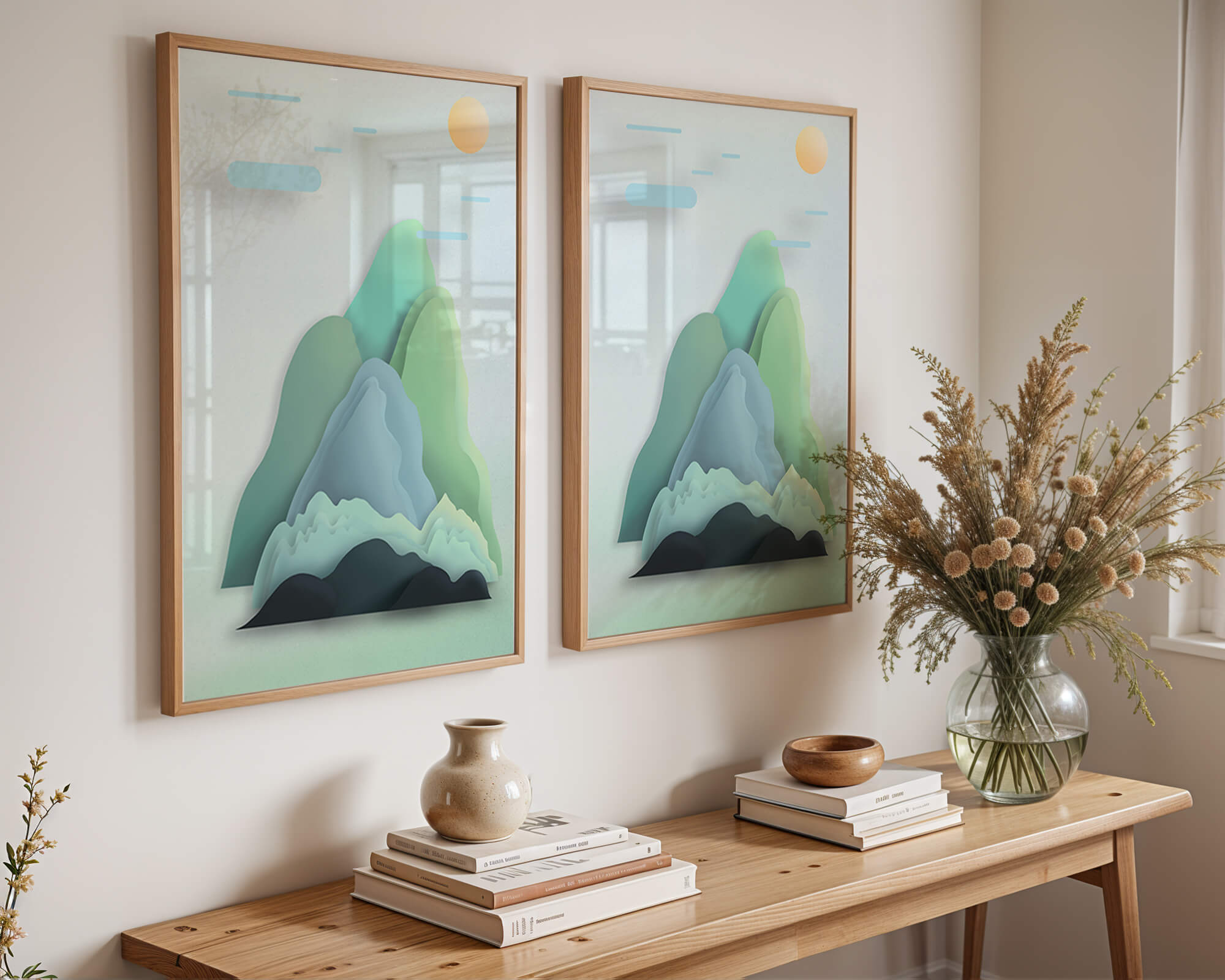 Minimalistic mountain landscape with vibrant colors and abstract layers