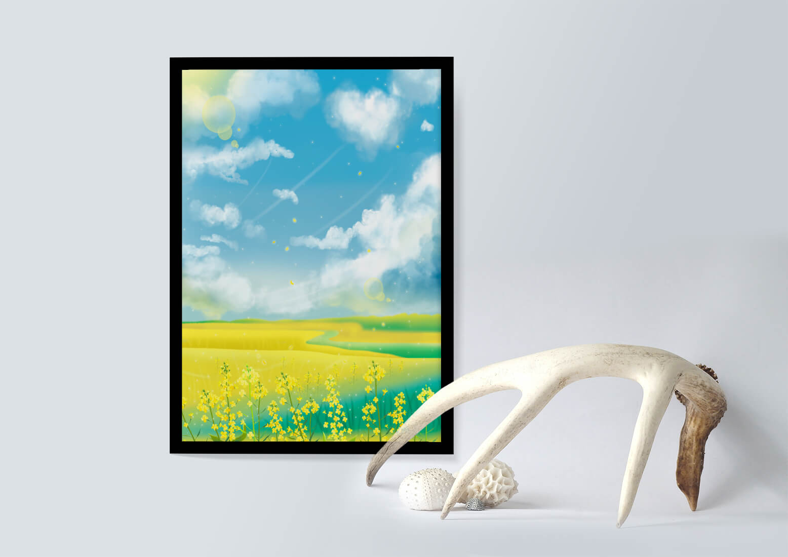 Sunny Meadow with Yellow Flowers and Blue Sky Scenic Art