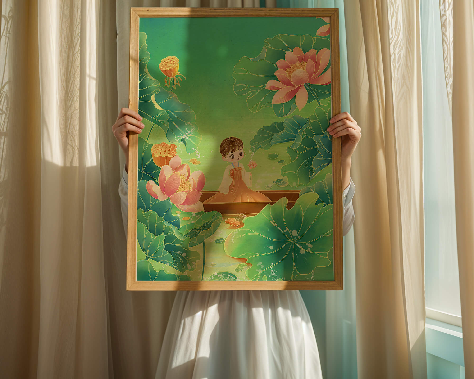 Serene illustration with girl among lotus flowers and green leaves