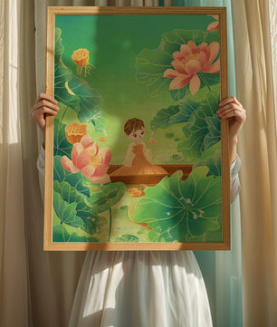 Serene illustration with girl among lotus flowers and green leaves