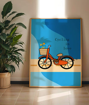 Bicicleta colorida con un regalo en la cesta sobre fondo azul