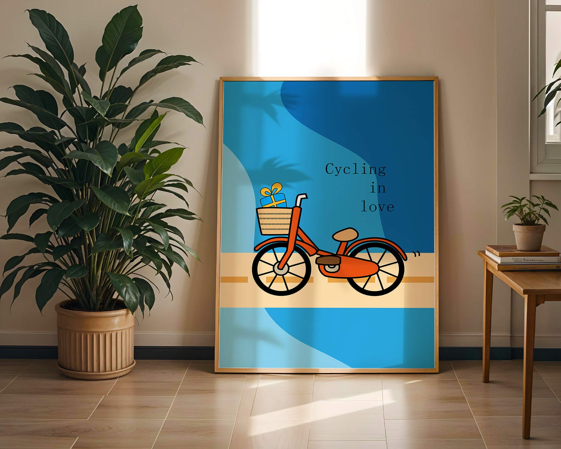 Colorful bicycle with a gift in basket against blue background
