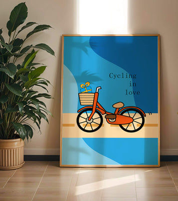 Colorful bicycle with a gift in basket against blue background