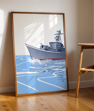 Illustrative depiction of a warship sailing on calm waters