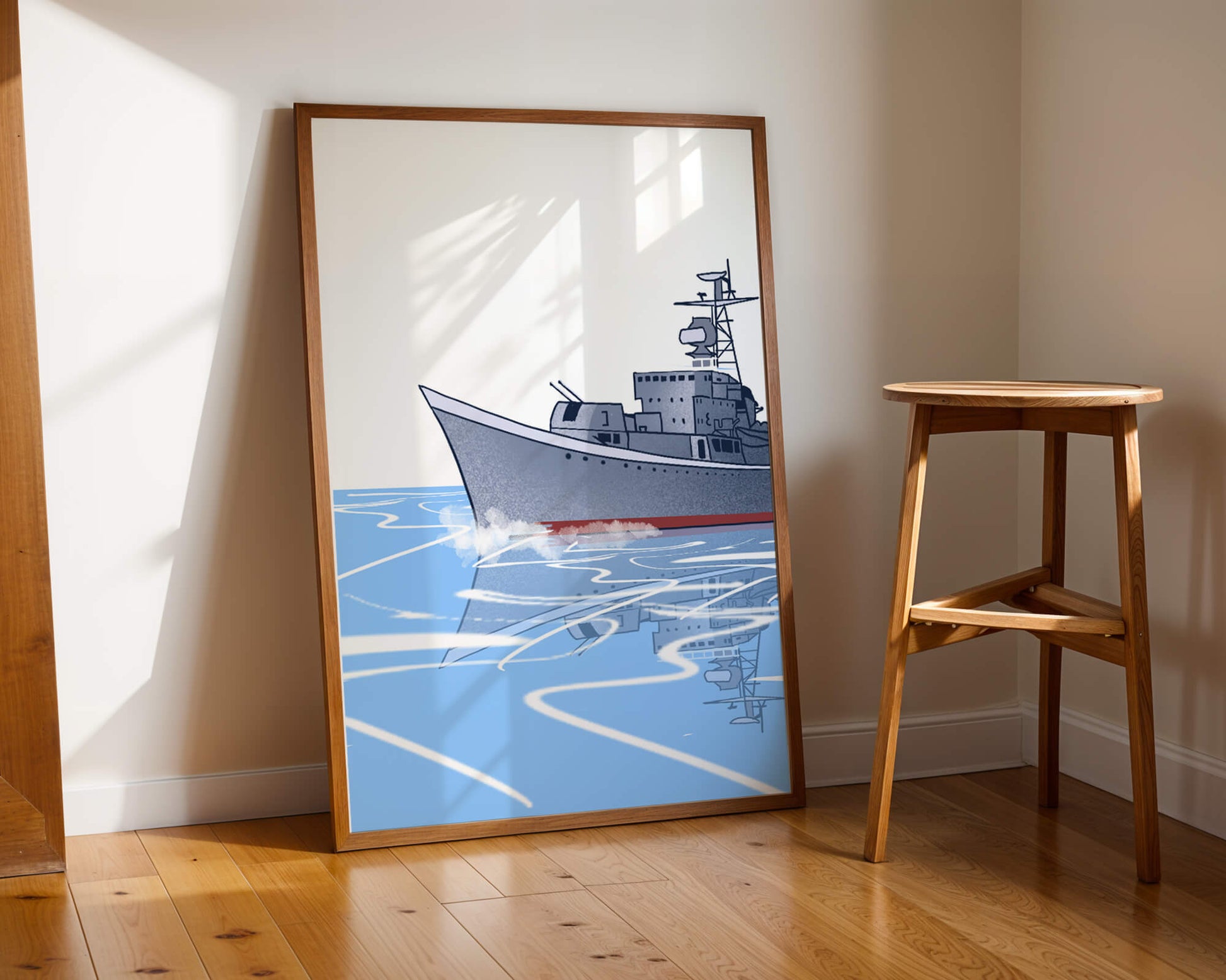 Illustrative depiction of a warship sailing on calm waters