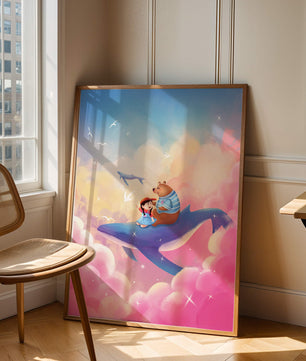 Fantasy illustration of girl and bear riding a whale through colorful clouds