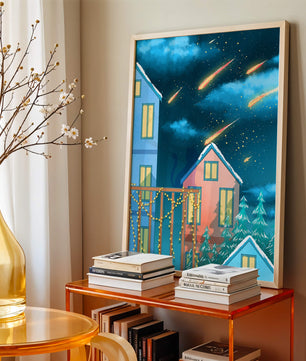 Winter Night Scene with Falling Meteors and Snow-Covered Houses