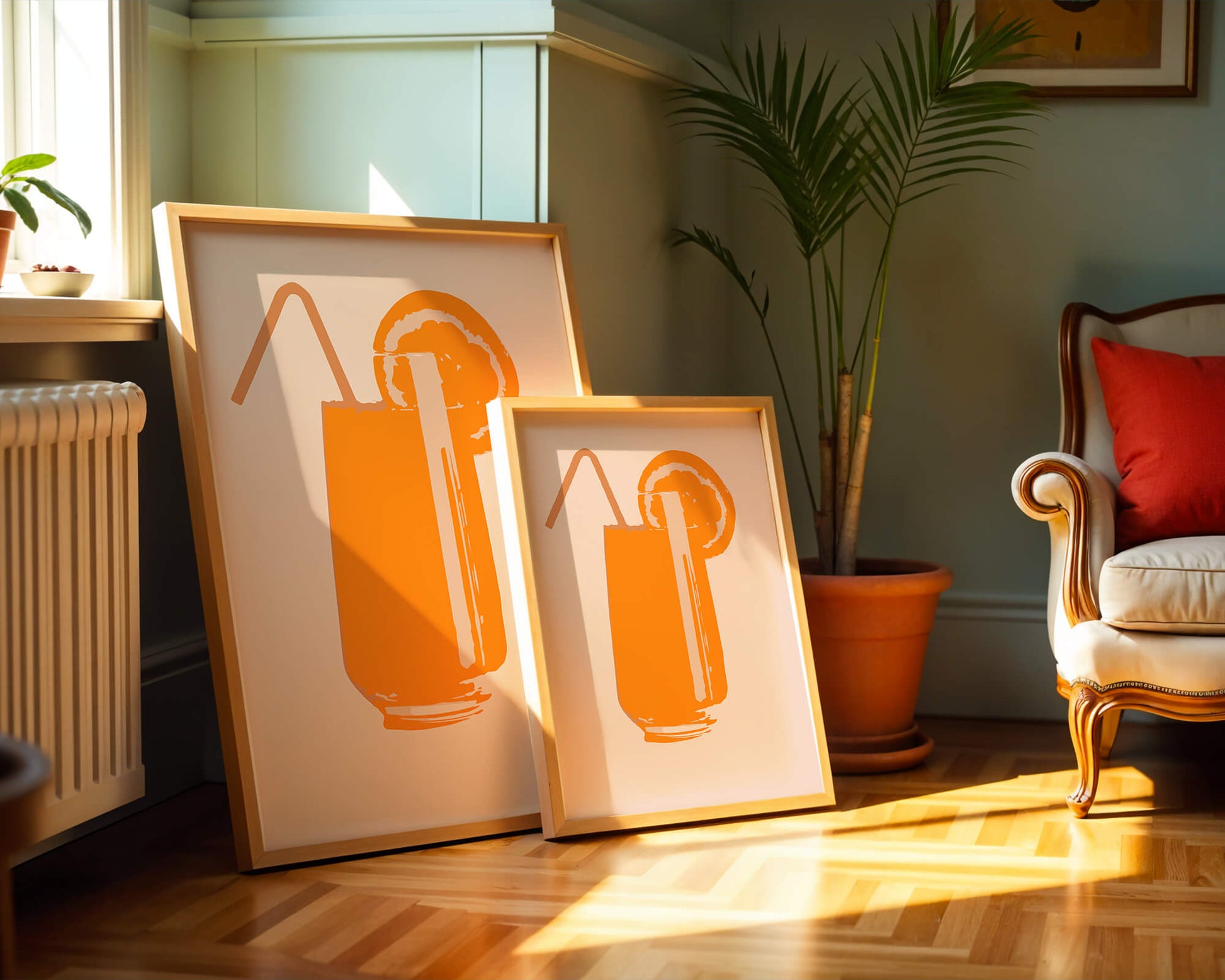 Ilustración de jugo de naranja con pajilla y rodaja de naranja