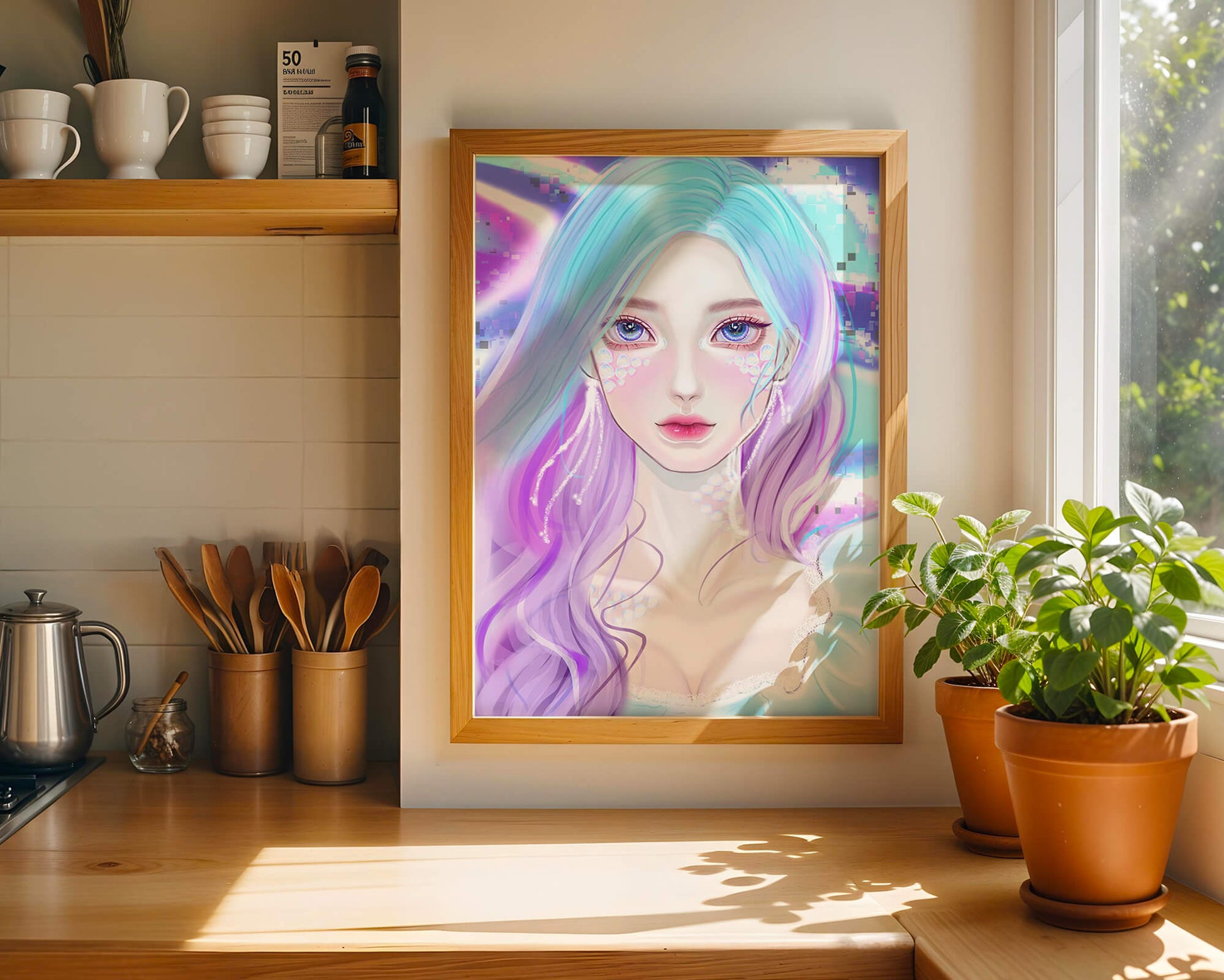 Fantasy portrait of a woman with pastel hair and vibrant features