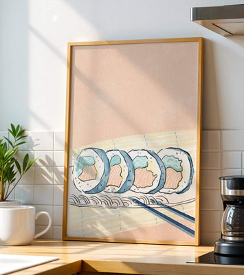 Colorful sushi rolls with chopsticks on pastel background