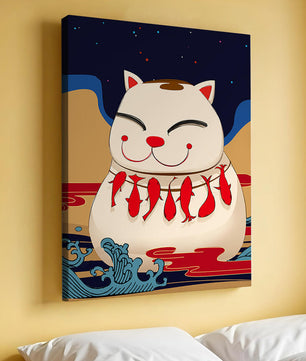 Japanese Lucky Cat with Fish Design in a Surreal Landscape