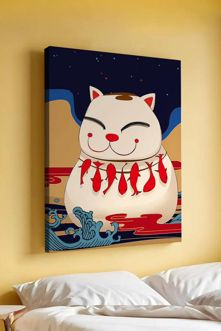 Japanese Lucky Cat with Fish Design in a Surreal Landscape