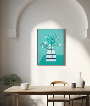Floral Arrangement In Minimalist Vase On Teal Background - Mi tienda