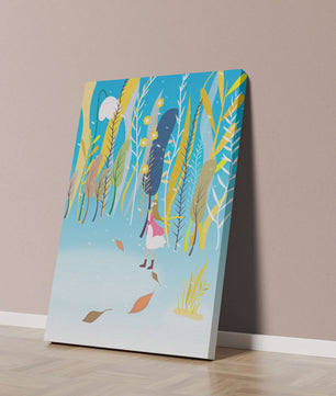 Whimsical scene with girl in colorful abstract forest