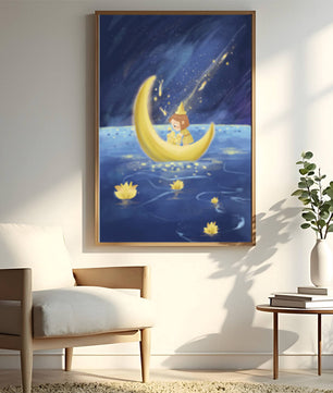 Voyage nocturne magique avec une fille dans un bateau-lune doré