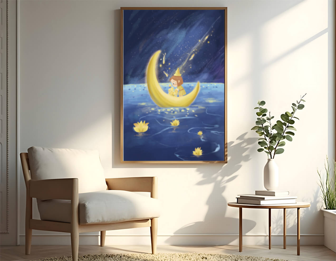 Magical Night Journey with Girl in Golden Moon Boat