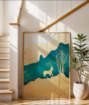 Elegante abstrakte Kunst mit goldenem Hirsch und Naturthema