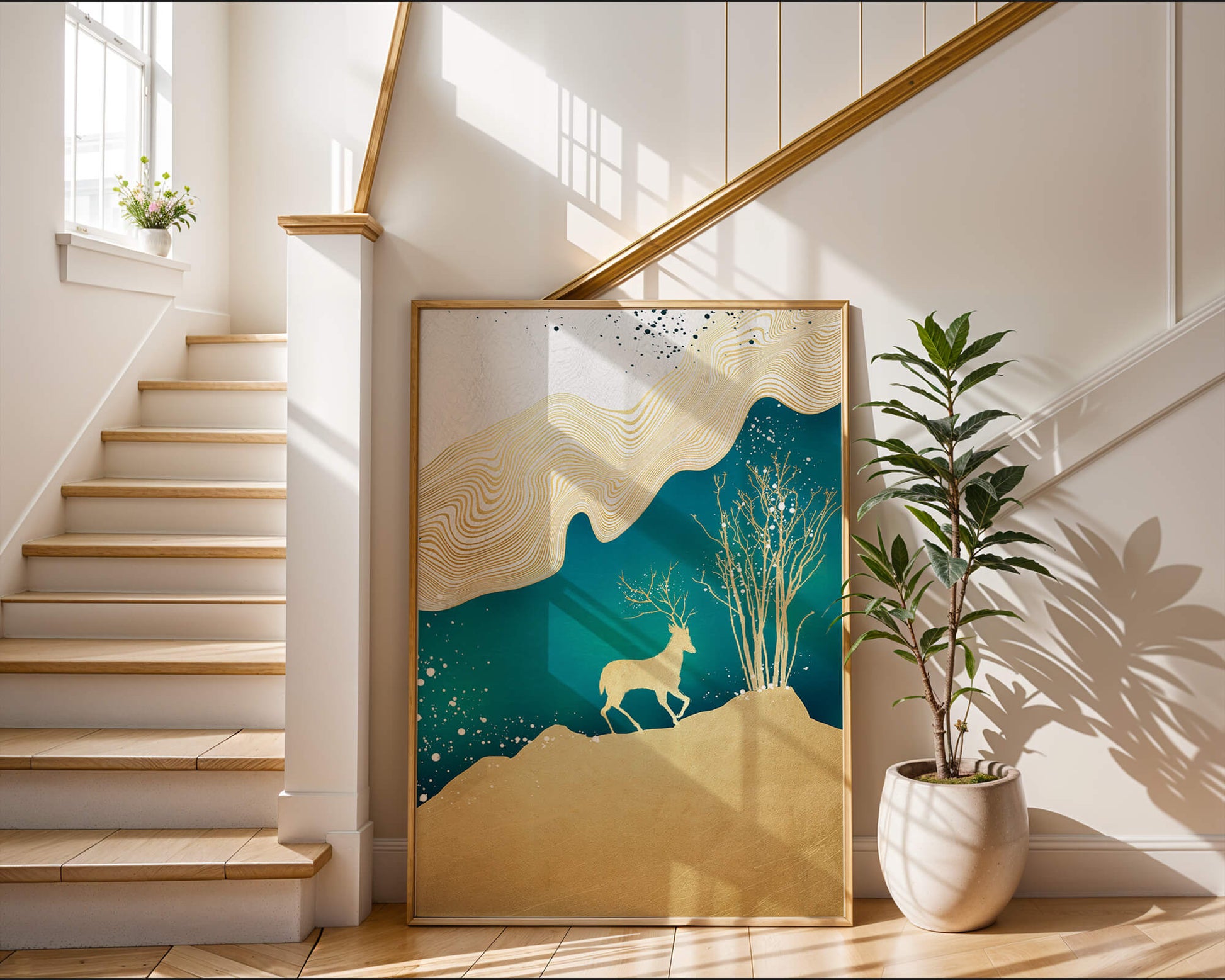 Elegante arte abstracto con ciervos dorados y temática de naturaleza.