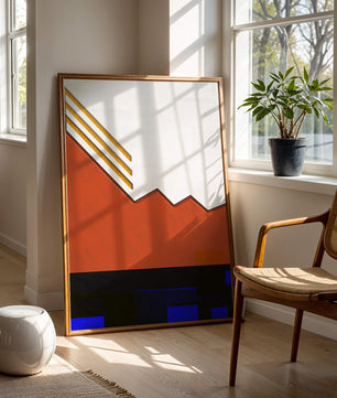 Abstrakte geometrische Komposition mit goldenen Akzenten und kräftigen Farben
