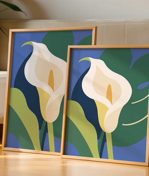 Ilustración floral abstracta con fondo verde y azul