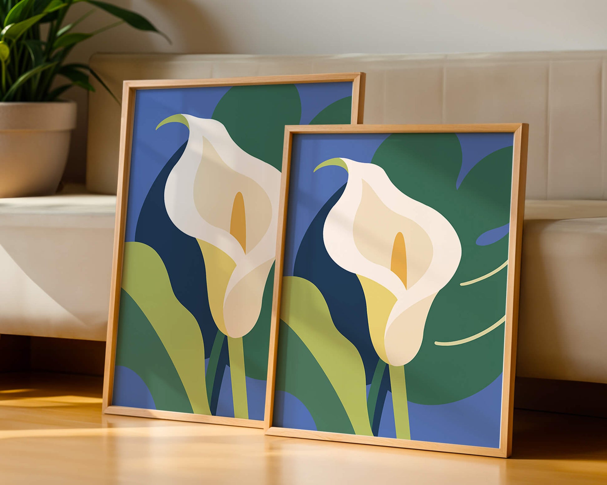 Ilustración floral abstracta con fondo verde y azul