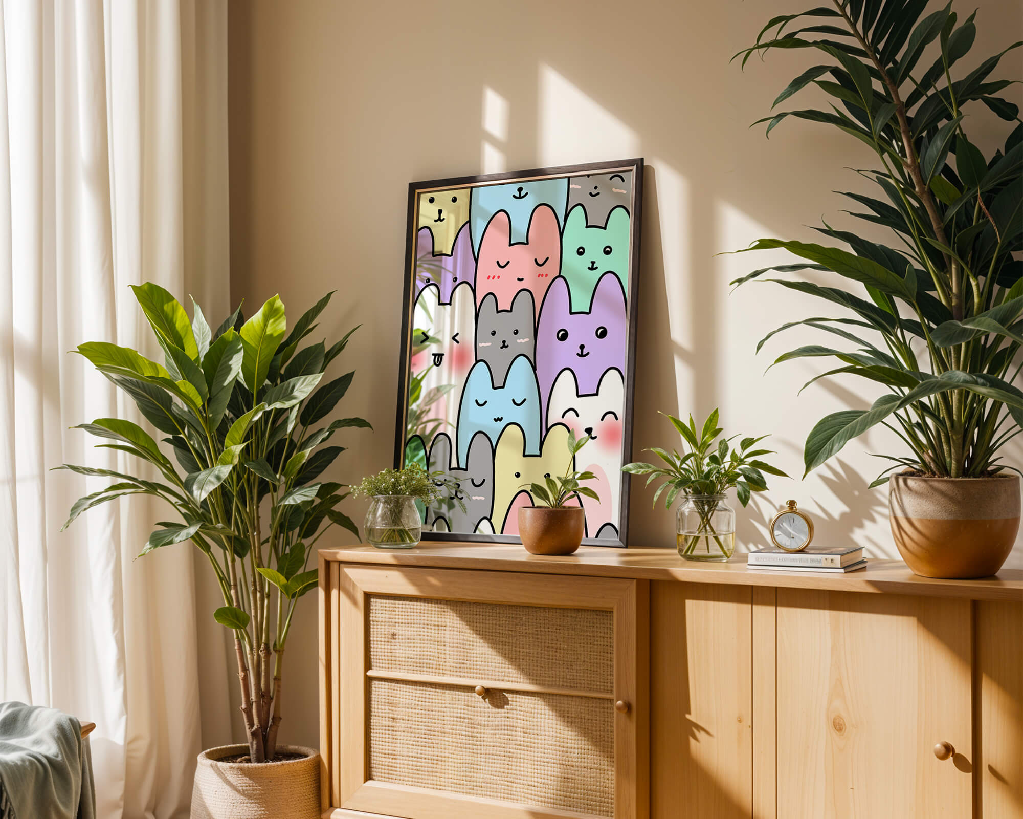 Colorful cartoon animal pattern with smiling faces