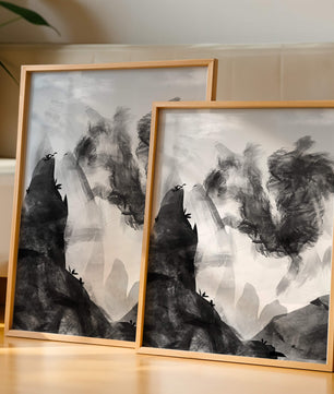 Paisaje monocromático con montañas y nubes abstractas