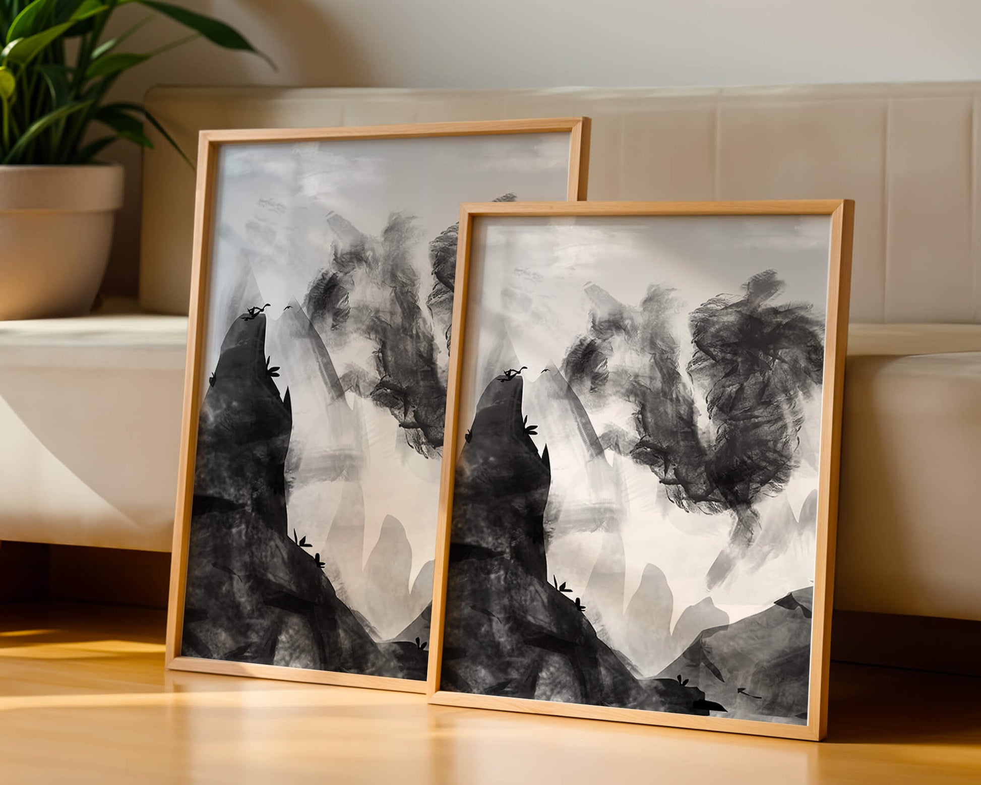 Paisaje monocromático con montañas y nubes abstractas