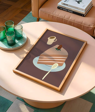 Ilustración de una porción de pastel con fresa y café