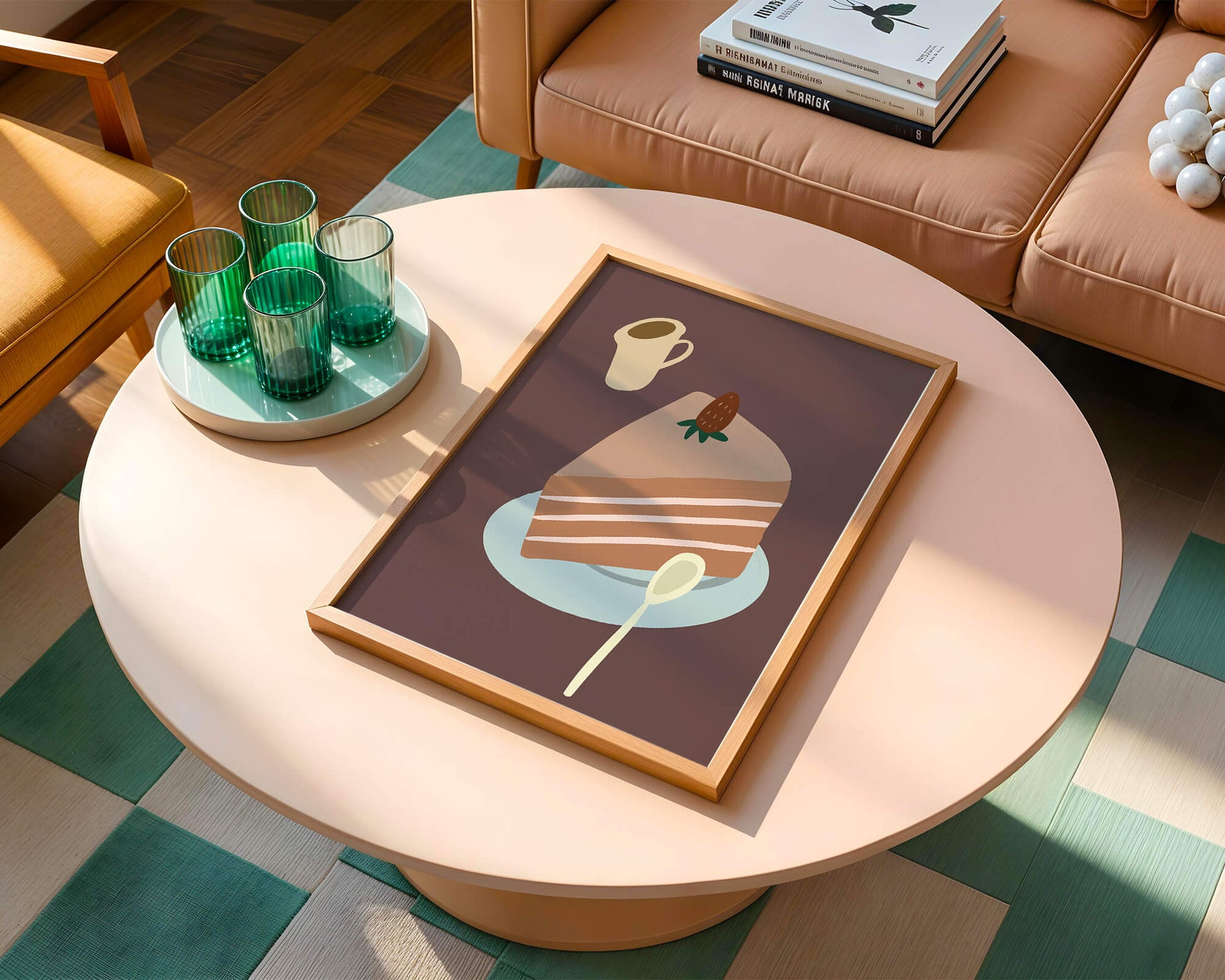 Illustration of a cake slice with strawberry and coffee