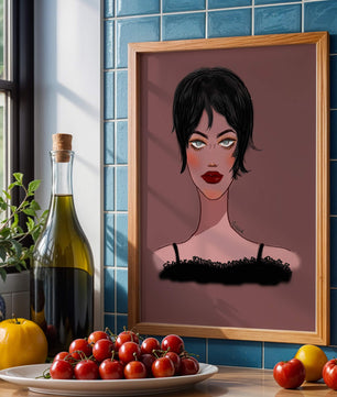 Illustration einer Frau mit kurzen schwarzen Haaren und auffälligem Make-up auf braunem Hintergrund