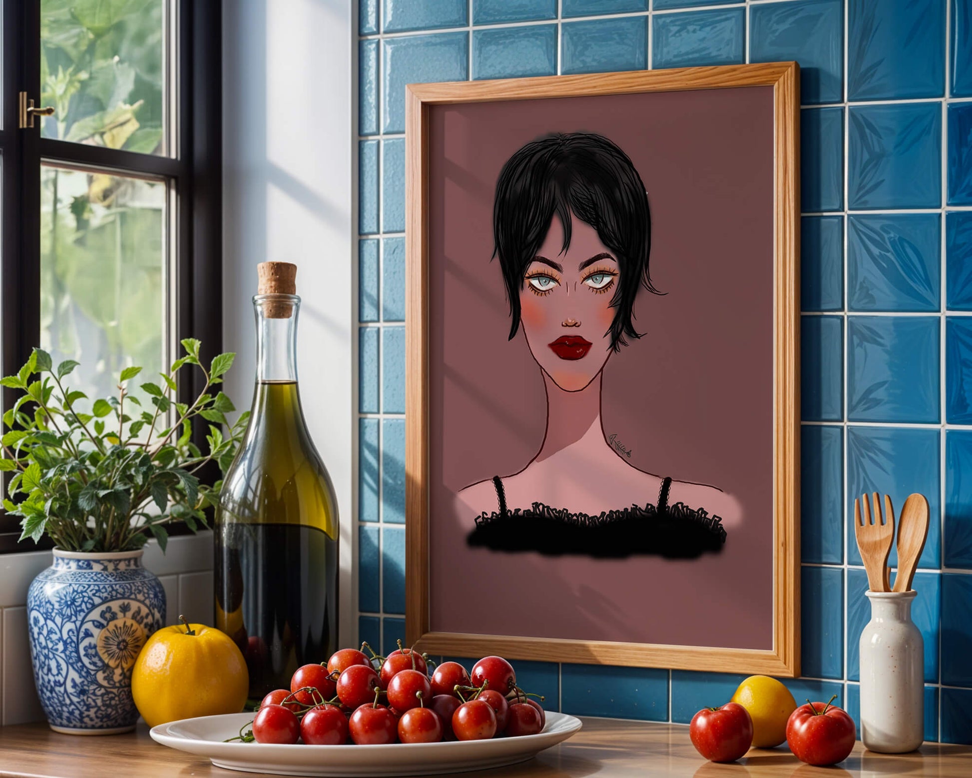Illustration of a woman with short black hair and striking makeup on a brown background