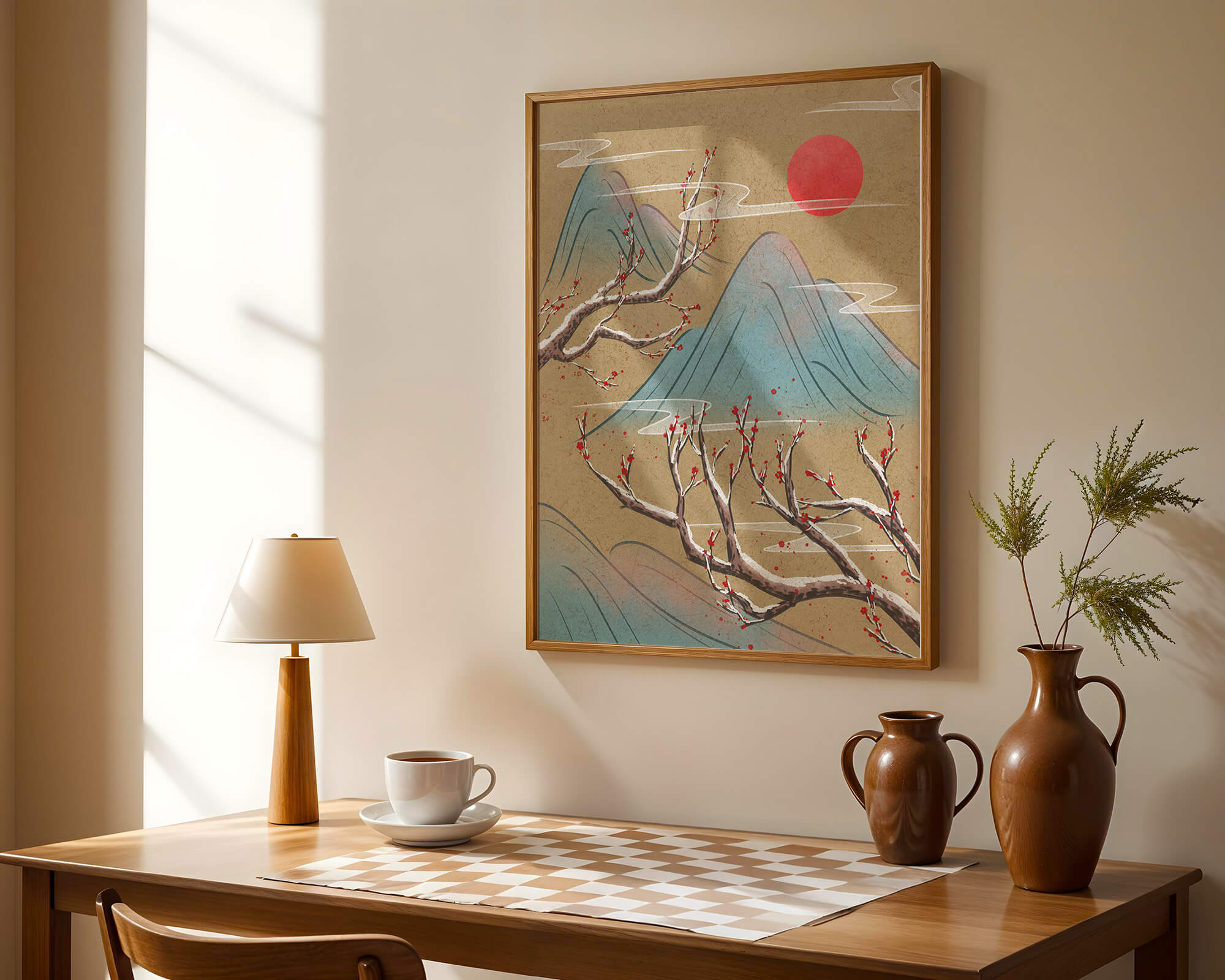 Tranquil landscape with cherry blossom and red sun
