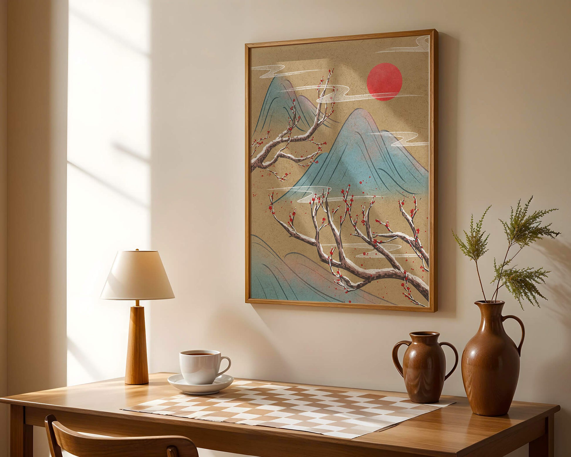Tranquil landscape with cherry blossom and red sun